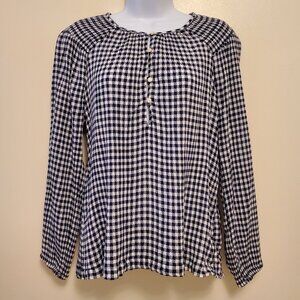 Old Navy Blue White Gingham Smocked-Shoulder Long Sleeve Poet Blouse Top - XS